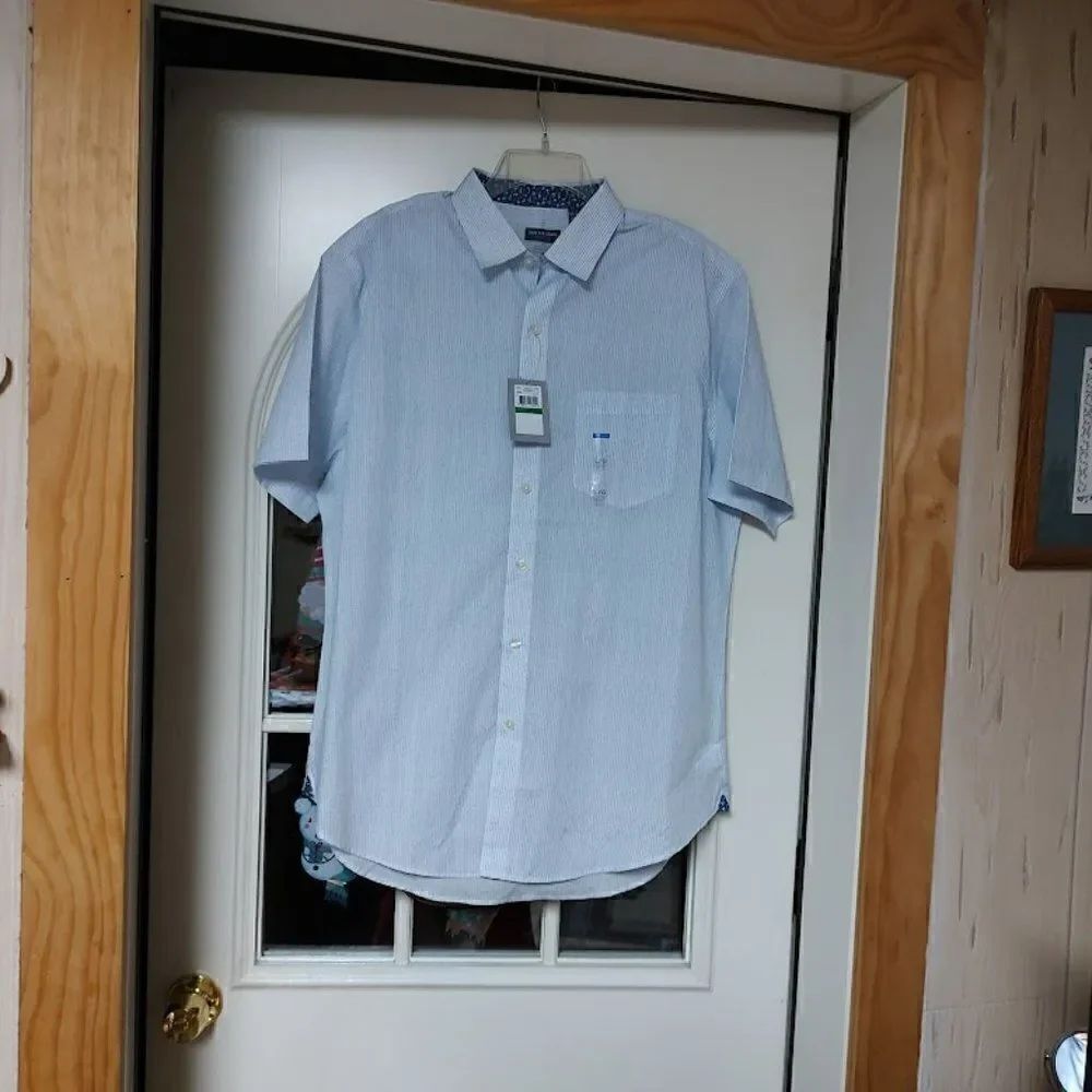 New Van Heusen Blue White Classic Fit Short Sleeve Button Down Shirt Men's L